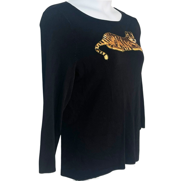 Sweater Works Sz XL Pullover Sweater Top Sequin Tiger Applique Black Slinky Knit - Picture 2 of 9